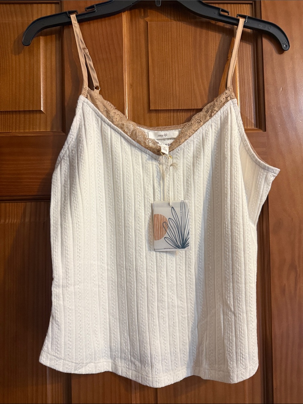 Cozy Ribbed Lace-Trim Camisole - cream with Tan Accents. Brand new size large